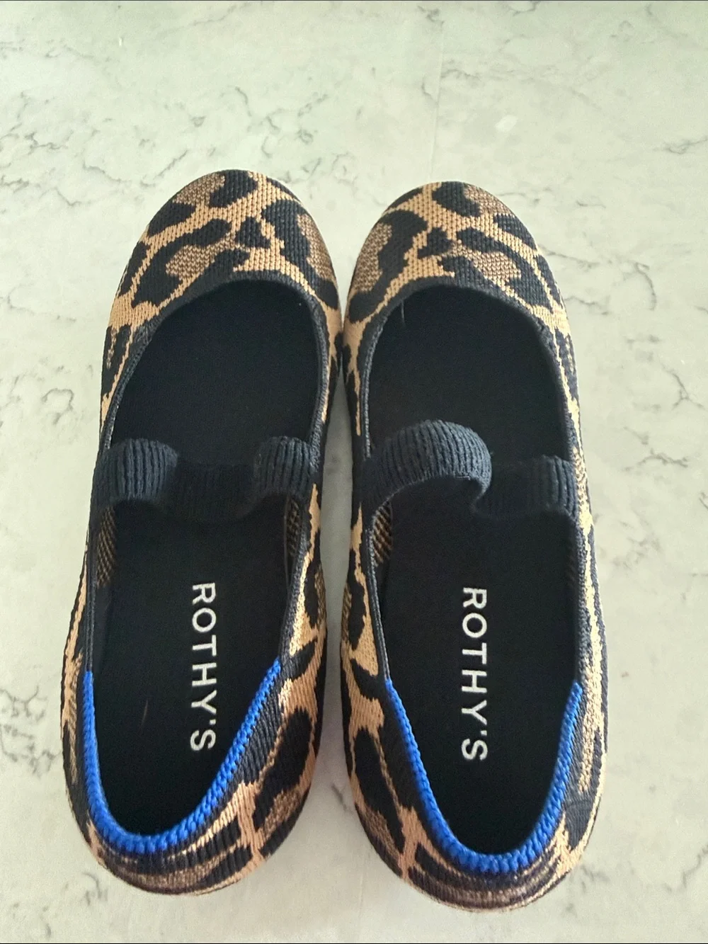Rothy's Kids Leopard-Print Slip-On Ballet Flats in Tan and Black with Blue Trim